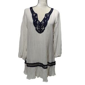 Eberjey Women's Sz M/L Cream Beach Cover Up Tunic Dress Navy Crochet Lace Gauzy